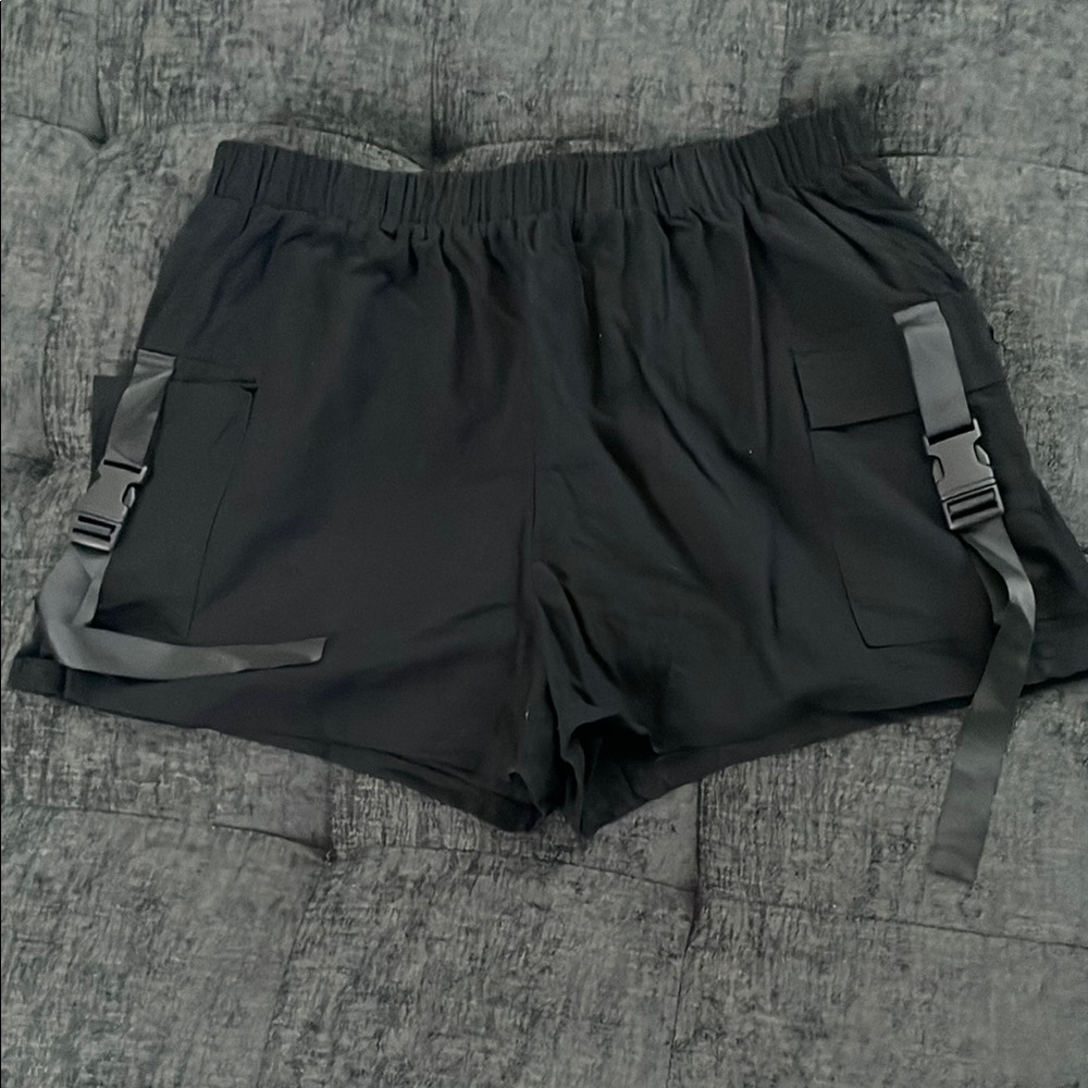 Black Utility Shorts with Buckle Straps